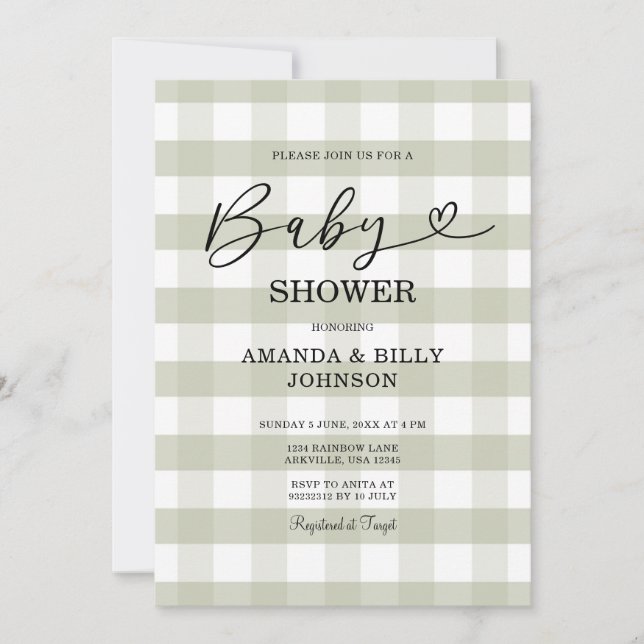 Invitación Elegante Sage Green Classic Gingham Baby Shower (Anverso)