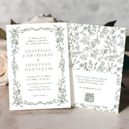 Invitación Elegante Sage Green Código QR RSVP Boda victoriano