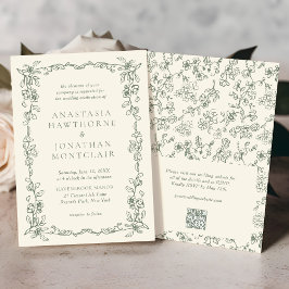 Invitación Elegante Sage Green Código QR RSVP Boda victoriano