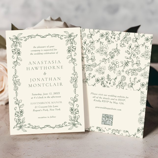 Invitación Elegante Sage Green Código QR RSVP Boda victoriano (Subido por el creador)