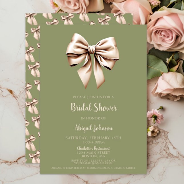 Invitación Elegante Sage Green Coquette Bow Bridal Shower (Elegant Sage Green Coquette Bow Bridal Shower Invitations, Wedding Shower, Modern, Beige Bows, Chic)