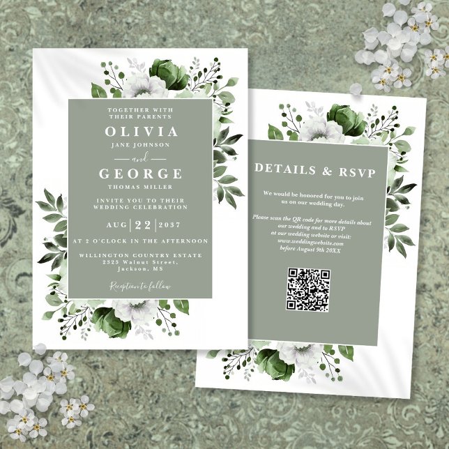 Invitación Elegante Sage Green Elegant Rustic Floral QR Code  (Sage Green Elegant Rustic Floral QR Code Wedding Invitation)