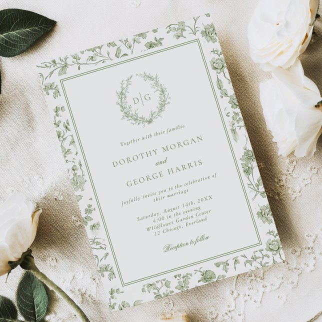 Invitación Elegante Sage Green Escudo Chinoiserie Boda (Subido por el creador)