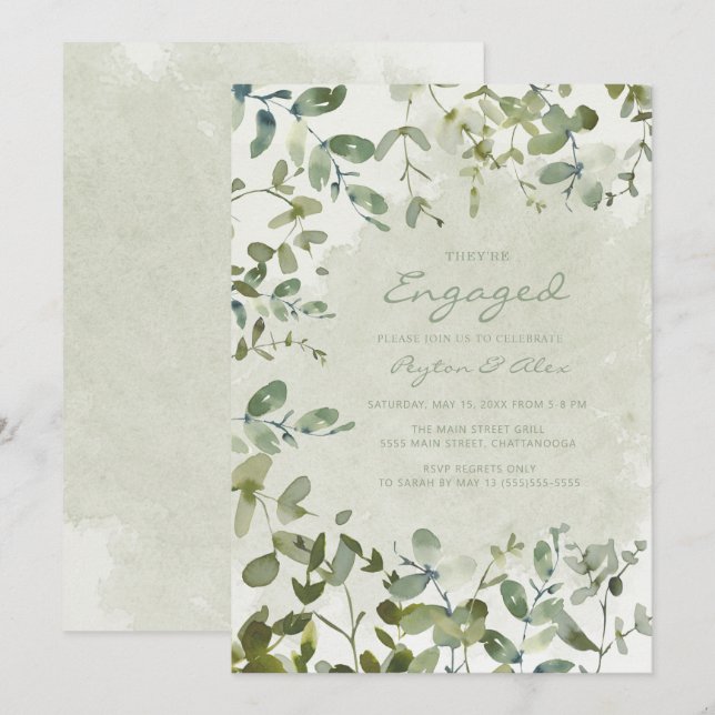 Invitación Elegante Sage Green Eucalyptus White Engagement (Anverso / Reverso)