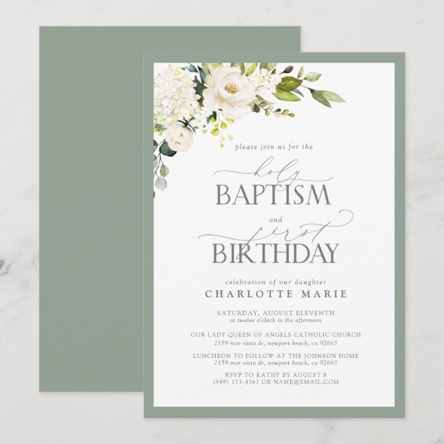 Invitación Elegante Sage Green Floral Baptismo 1er cumpleaños (Anverso / Reverso)