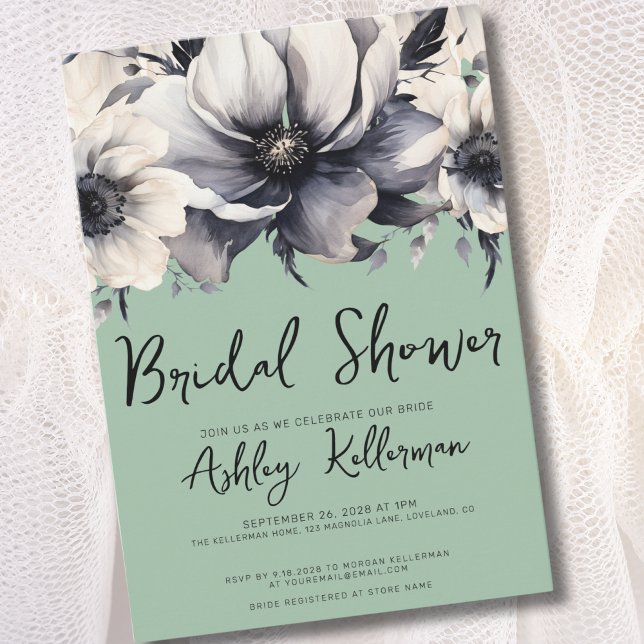 Invitación Elegante Sage Green Floral Bridal Shower (Watercolor Elegant Floral Sage Green Bridal Shower Invitation)