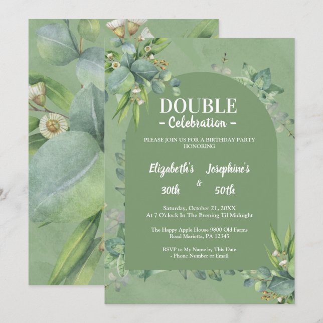Invitación Elegante Sage Green Floral Doble Cumpleaños (Anverso / Reverso)