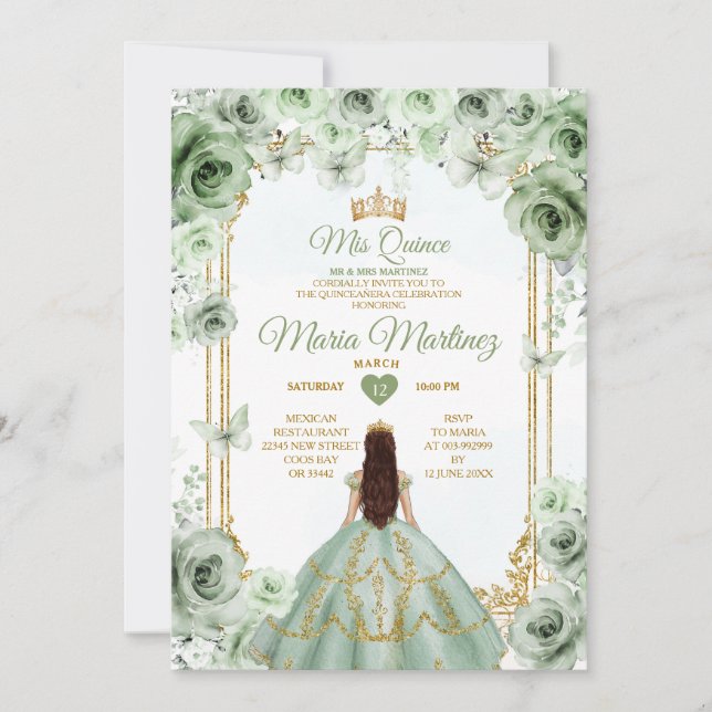 Invitación Elegante Sage Green Floral & Gold Quinceañera (Anverso)