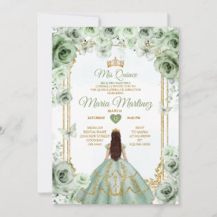 Invitación Elegante Sage Green Floral & Gold Quinceañera