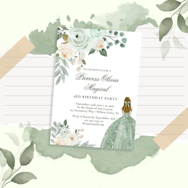 Invitación Elegante Sage Green Floral Princess Birthday (Subido por el creador)