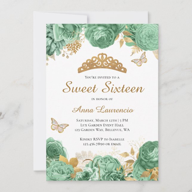 Invitación Elegante Sage Green Gold Floral Sweet 16 (Anverso)