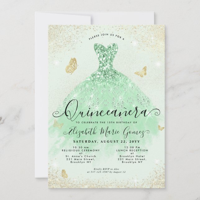Invitación Elegante Sage Green Gold Purpurina Gown Quinceaner (Anverso)