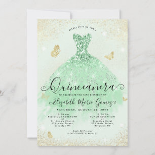 Invitación Elegante Sage Green Gold Purpurina Gown Quinceaner