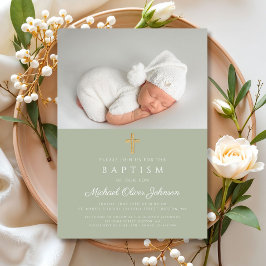Invitación Elegante Sage Green Green Religious Cross Photo Ba