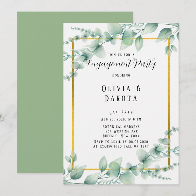 Invitación Elegante Sage Green Greenerenery Gold Engagement P (Anverso / Reverso)