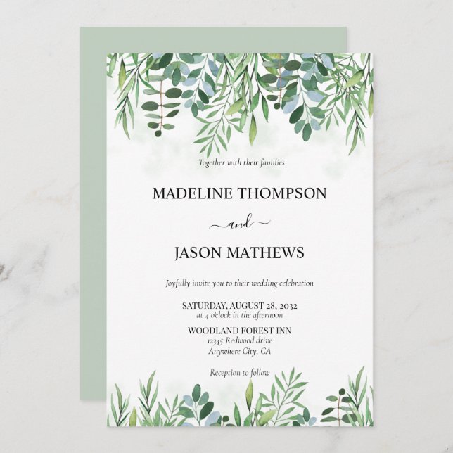 Invitación Elegante Sage Green Greenery Eucalyptus Boda (Anverso / Reverso)