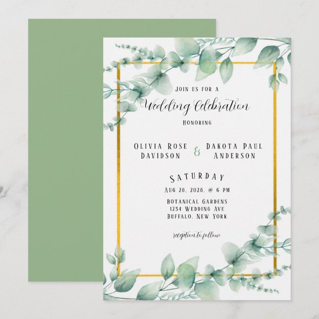 Invitación Elegante Sage Green Greenery Gold Boda (Anverso / Reverso)