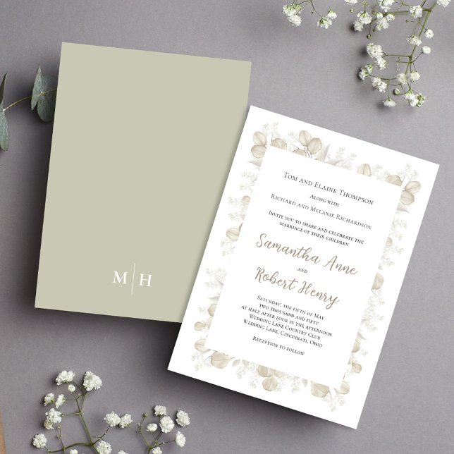 Invitación Elegante Sage Green Jardín Botánico Foliage (Simple and elegant sage green and cream foliage wedding invitation.)