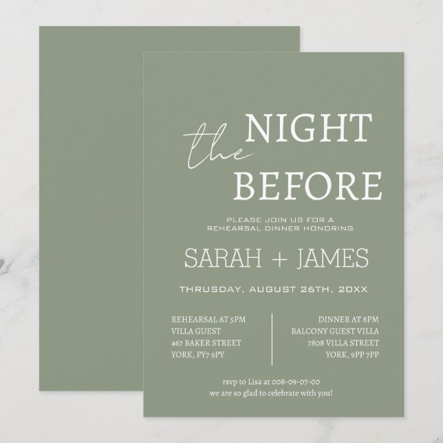 Invitación Elegante Sage Green la noche antes de la cena Boda (Anverso / Reverso)