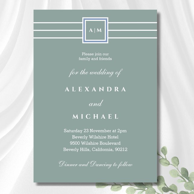 Invitación Elegante Sage Green Monograma Blanco Moderno Boda (Subido por el creador)