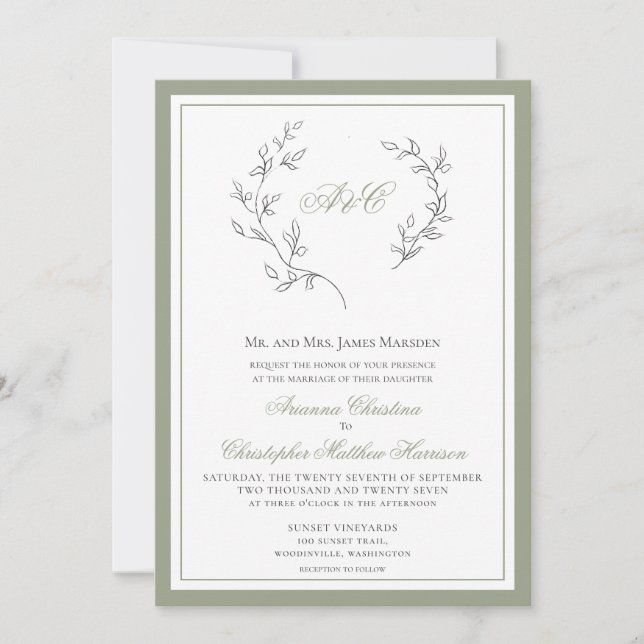 Invitación Elegante Sage Green Monograma Leaf Wreath Boda En (Anverso)