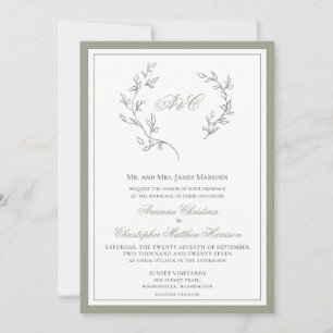 Invitación Elegante Sage Green Monograma Leaf Wreath Boda En