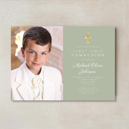 Invitación Elegante Sage Green Photo Boy Primera Comunión