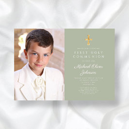 Invitación Elegante Sage Green Photo Boy Primera Comunión