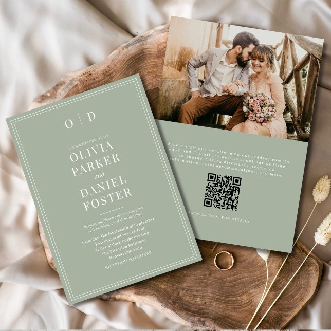 Invitación Elegante Sage Green Photo QR Code Boda (Subido por el creador)