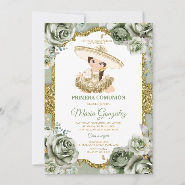 Invitación Elegante Sage Green Primera comunión CUTE Chica Go (Anverso)