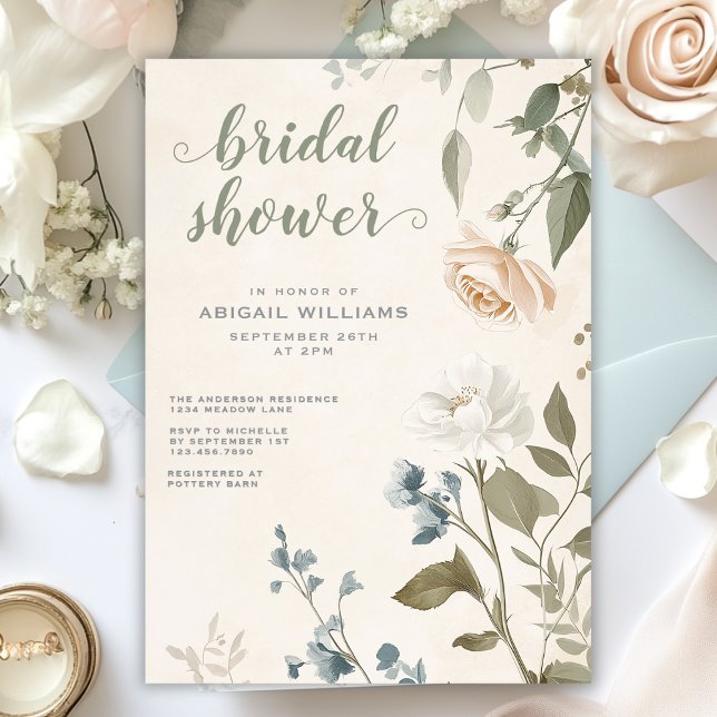 Invitación Elegante Sage Green Rosa Floral Moda Bridal Ducha (Elegant Sage Green Rose Floral Chic Bridal Shower Invitation)