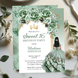 Invitación Elegante Sage Green Rosa Floral Sweet 16 Fiesta