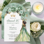 Invitación Elegante Sage Green Rosa Floral Sweet 16 Fiesta<br><div class="desc">Elegante y elegante color verde sabio con acentos dorados de masa floral combinados con un arco blanco y un panel de tono dorado sobre un fondo claro de diseño fiesta "Sweet 16". Una bella morena de piel marrón oscura a morena negra se presenta en un florido vestido de bola de...</div>