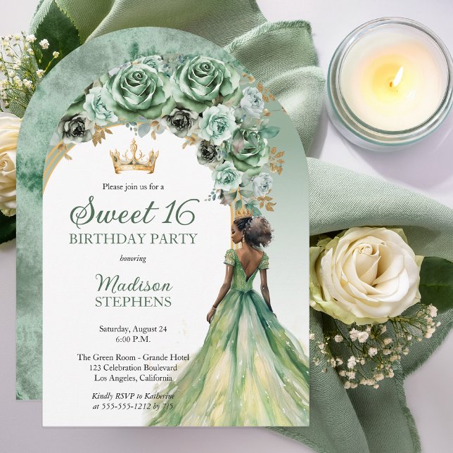 Invitación Elegante Sage Green Rosa Floral Sweet 16 Fiesta (Elegant Sage Green Rose Floral Sweet 16 Party Invitation - Print | Digital Download )
