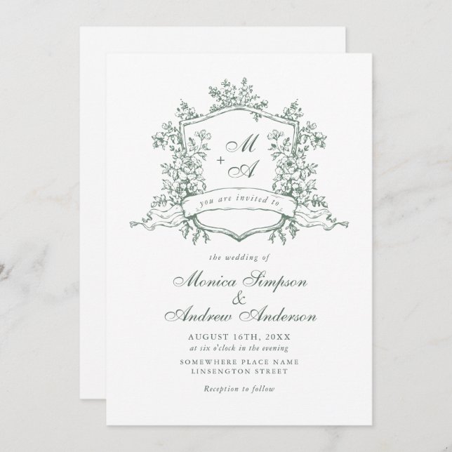 Invitación Elegante Sage Green Rosas Franceses Boda Jardín (Anverso / Reverso)