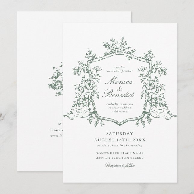 Invitación Elegante Sage Green Rosas Franceses Boda Jardín (Anverso / Reverso)