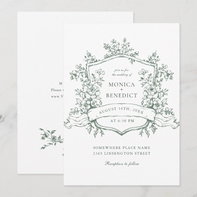 Invitación Elegante Sage Green Rosas Franceses Boda Jardín (Anverso / Reverso)