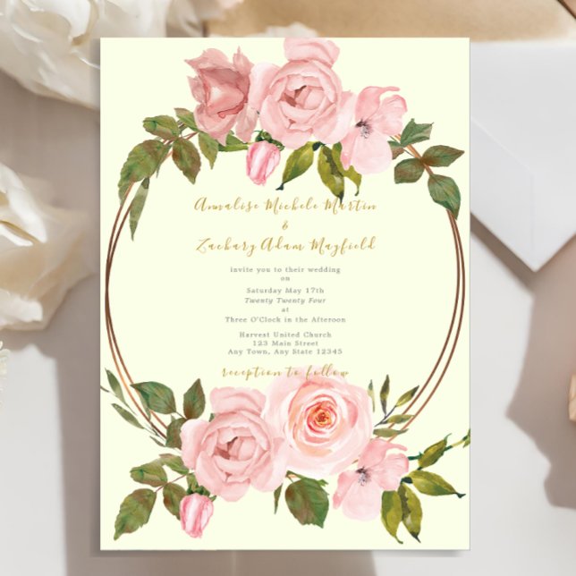 Invitación Elegante Sage Green Rubor Pink Floral Gold Boda (Subido por el creador)