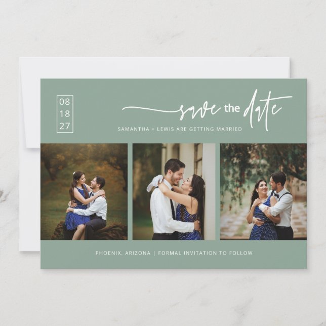 Invitación Elegante Sage Green Save the Date QR Code Photo (Anverso)