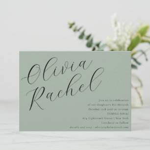 Invitación Elegante Sage Green Script Calligraphy Bat Mitzvah
