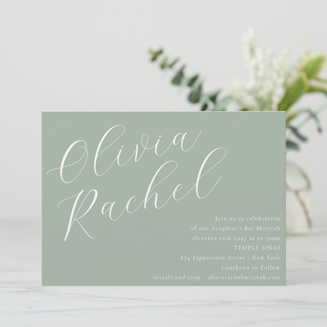 Invitación Elegante Sage Green Script Name Minimal Bat Mitzva (Anverso de pie)
