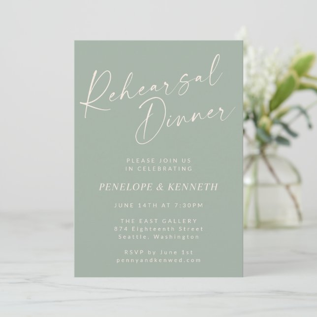 Invitación Elegante Sage Green Script Prueba Cena (Anverso de pie)