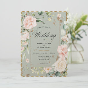 Invitación Elegante Sage Green Shimmer Gold Wedding Invitació