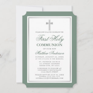 Invitación Elegante Sage Green Silver Primero Santa Comunión