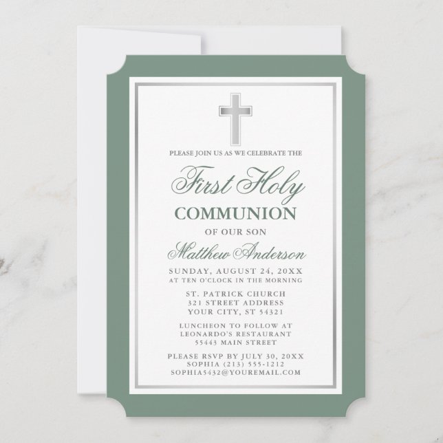 Invitación Elegante Sage Green Silver Primero Santa Comunión (Anverso)