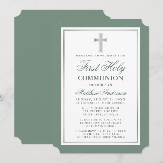 Invitación Elegante Sage Green Silver Primero Santa Comunión (Anverso / Reverso)