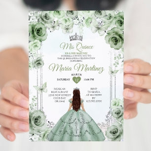 Invitación Elegante Sage Green & Silver Princess Mis Quince