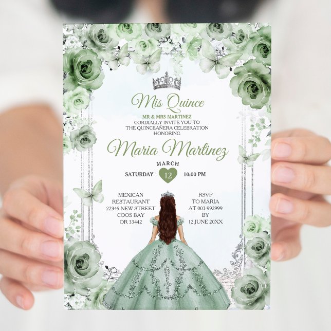 Invitación Elegante Sage Green & Silver Princess Mis Quince (Subido por el creador)