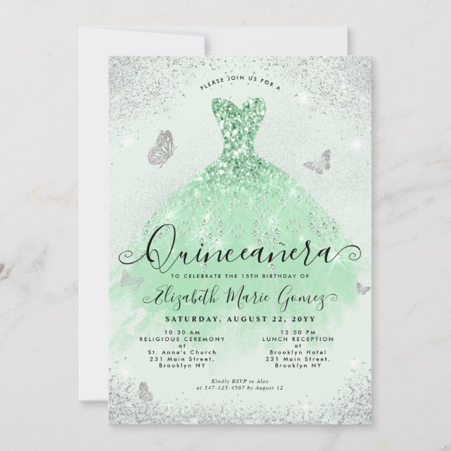 Invitación Elegante Sage Green Silver Purpurina Gown Quincean (Anverso)