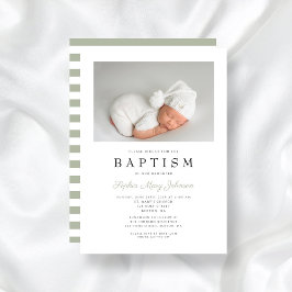 Invitación Elegante Sage Green Stripes Photo Baptism